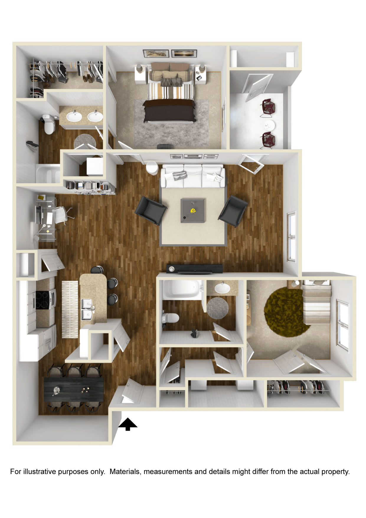 Floor plan for 2 beds, 2 baths, 1282 sqft